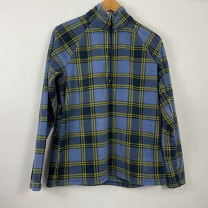 Eddie Bauer Womens Fleece Pullover Blue Yellow Plaid Quarter Zip L